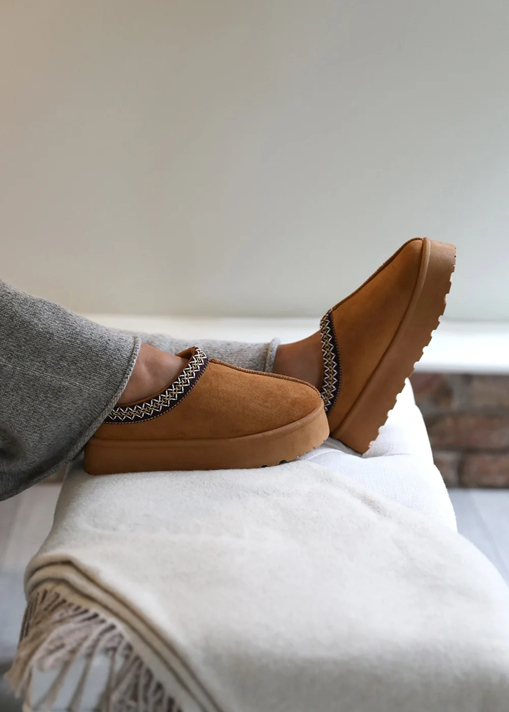 Where's That From Allegra Chestnut Faux-Faux Suede Embroidered Ankle Slipper Boots - 3 Image 3
