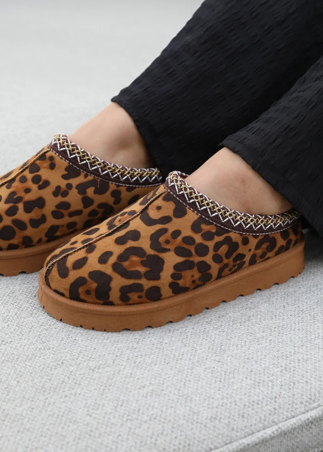 Where's That From Pine Leopard Faux-Faux Suede Fur Lining Slipper Boots