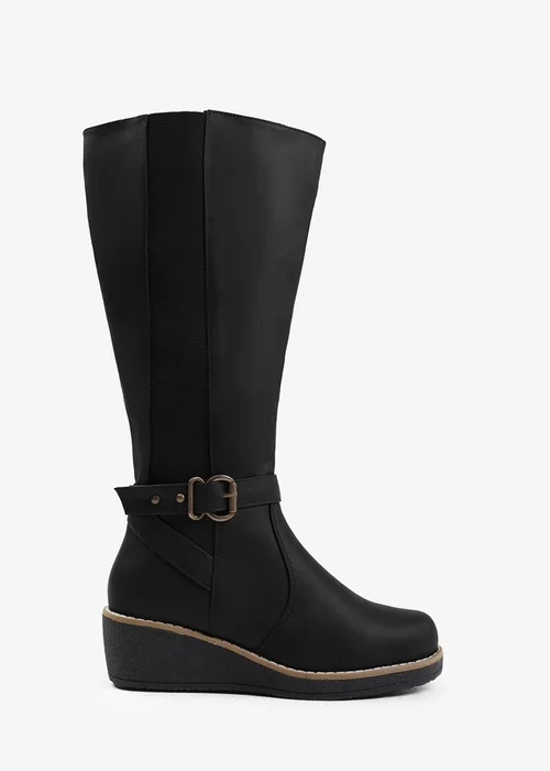 Where's That From Ayleen Black Wide Calf Wedge Knee-High Boots - 3 Image 2