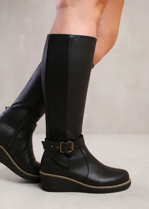 Where's That From Ayleen Black Wide Calf Wedge Knee-High Boots - 3 Image 3