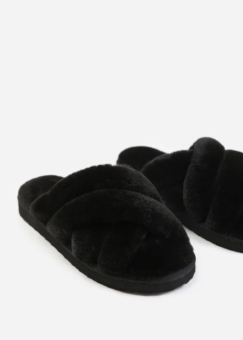 Where's That From Snuggle Black Cross Over Fluffy Slippers - 3 Image 3