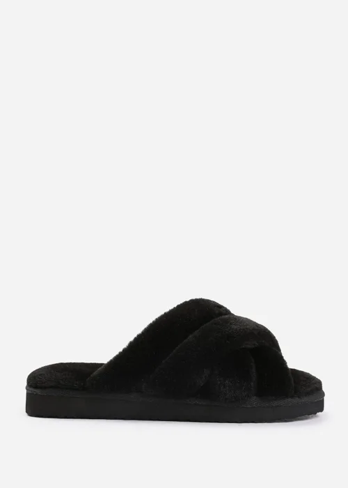 Where's That From Snuggle Black Cross Over Fluffy Slippers - 3 Image 2