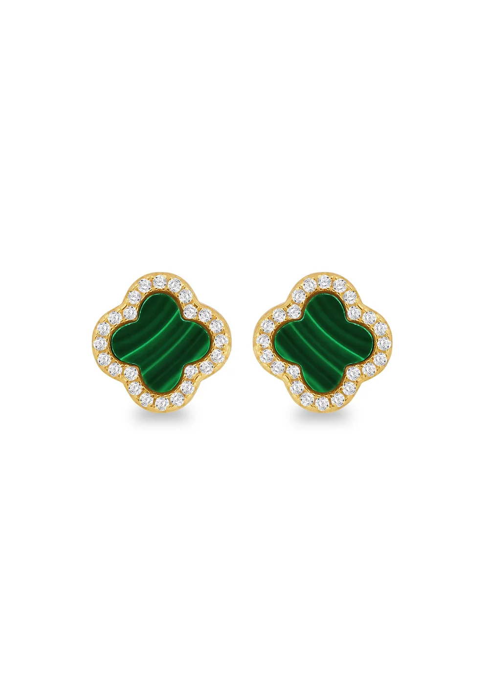 Golden Moments Yellow Gold Plated Clover Malachite CZ Stud Earrings - One Size Image 1