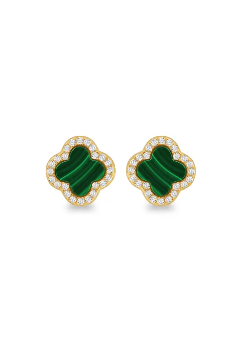 Golden Moments Yellow Gold Plated Clover Malachite CZ Stud Earrings - One Size Image 1