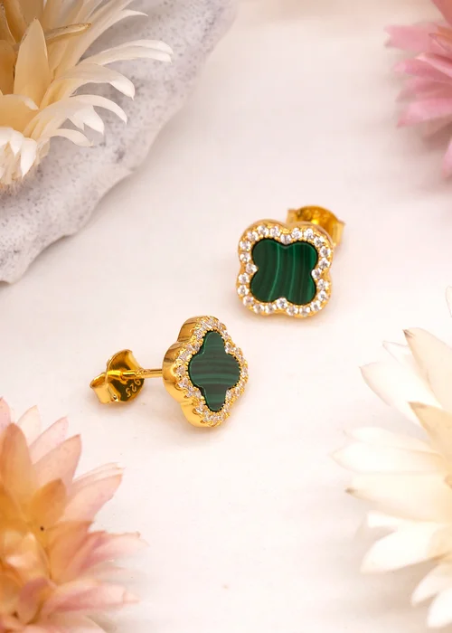 Golden Moments Yellow Gold Plated Clover Malachite CZ Stud Earrings - One Size Image 2