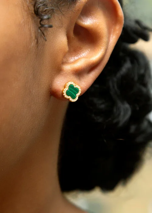Golden Moments Yellow Gold Plated Clover Malachite CZ Stud Earrings - One Size Image 3