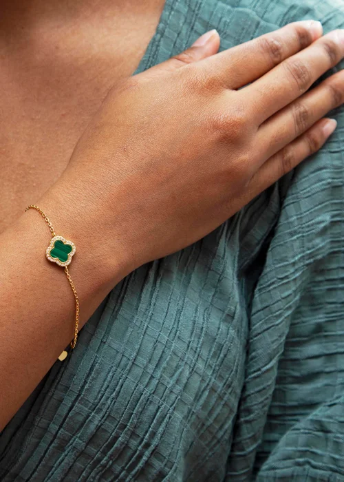 Golden Moments Yellow Gold Plated Clover Malachite and CZ Bracelet - One Size Image 3