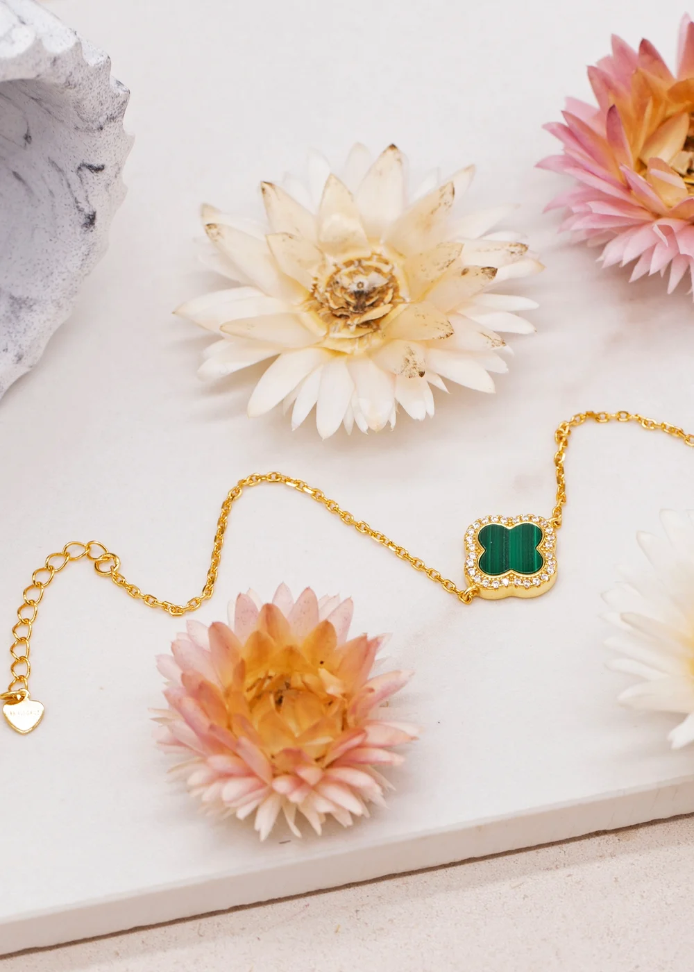 Golden Moments Yellow Gold Plated Clover Malachite and CZ Bracelet - One Size Image 2
