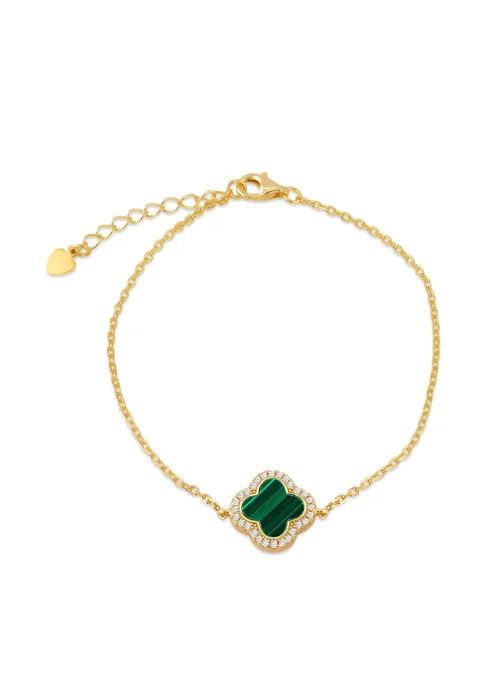 Golden Moments Yellow Gold Plated Clover Malachite and CZ Bracelet - One Size Image 1
