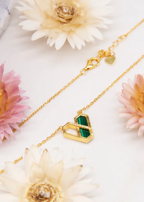 Golden Moments Yellow Gold Plated Hexagon Malachite Necklace - One Size Image 2