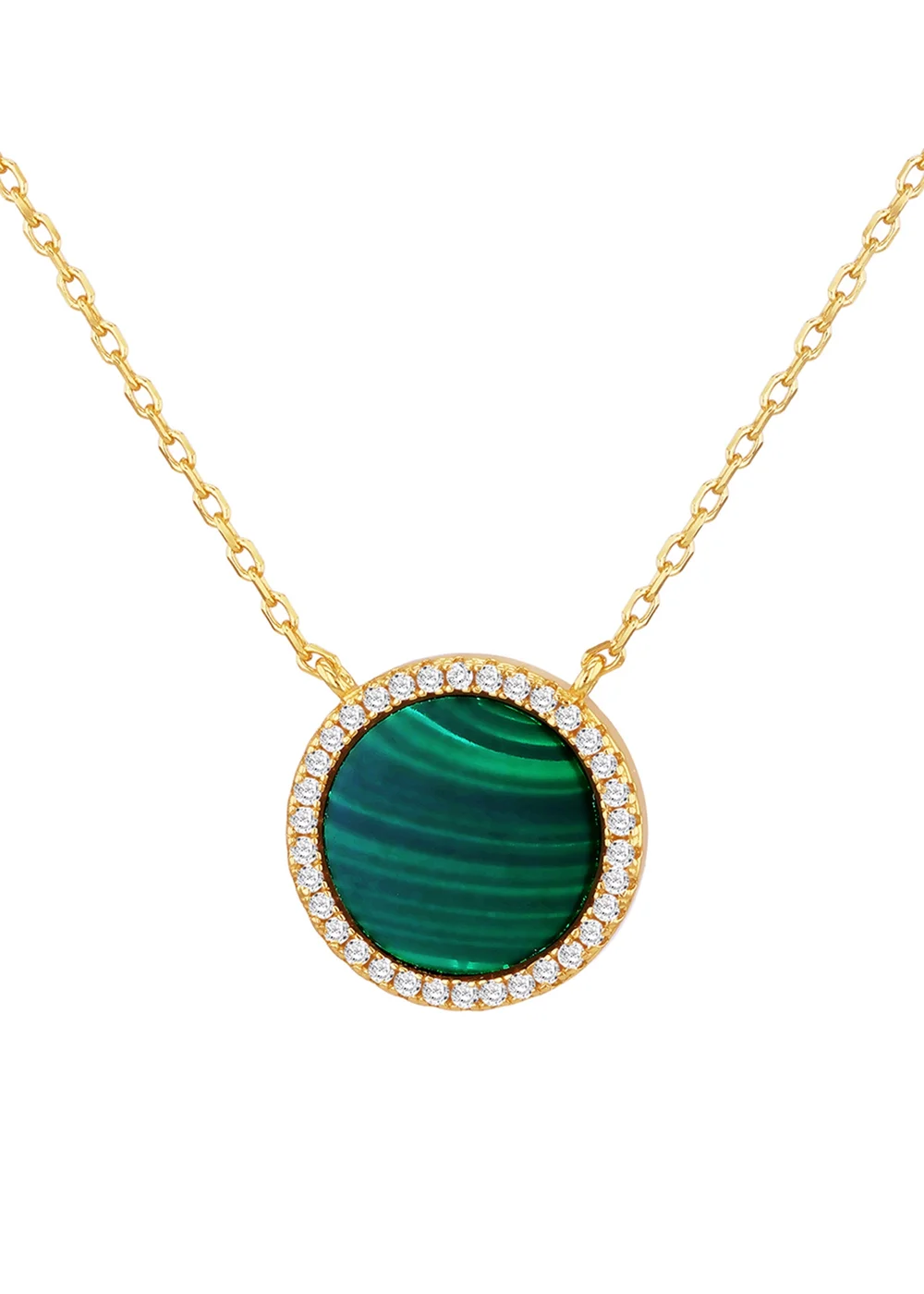Golden Moments Yellow Gold Plated Round Malachite and CZ Necklace - One Size Image 1
