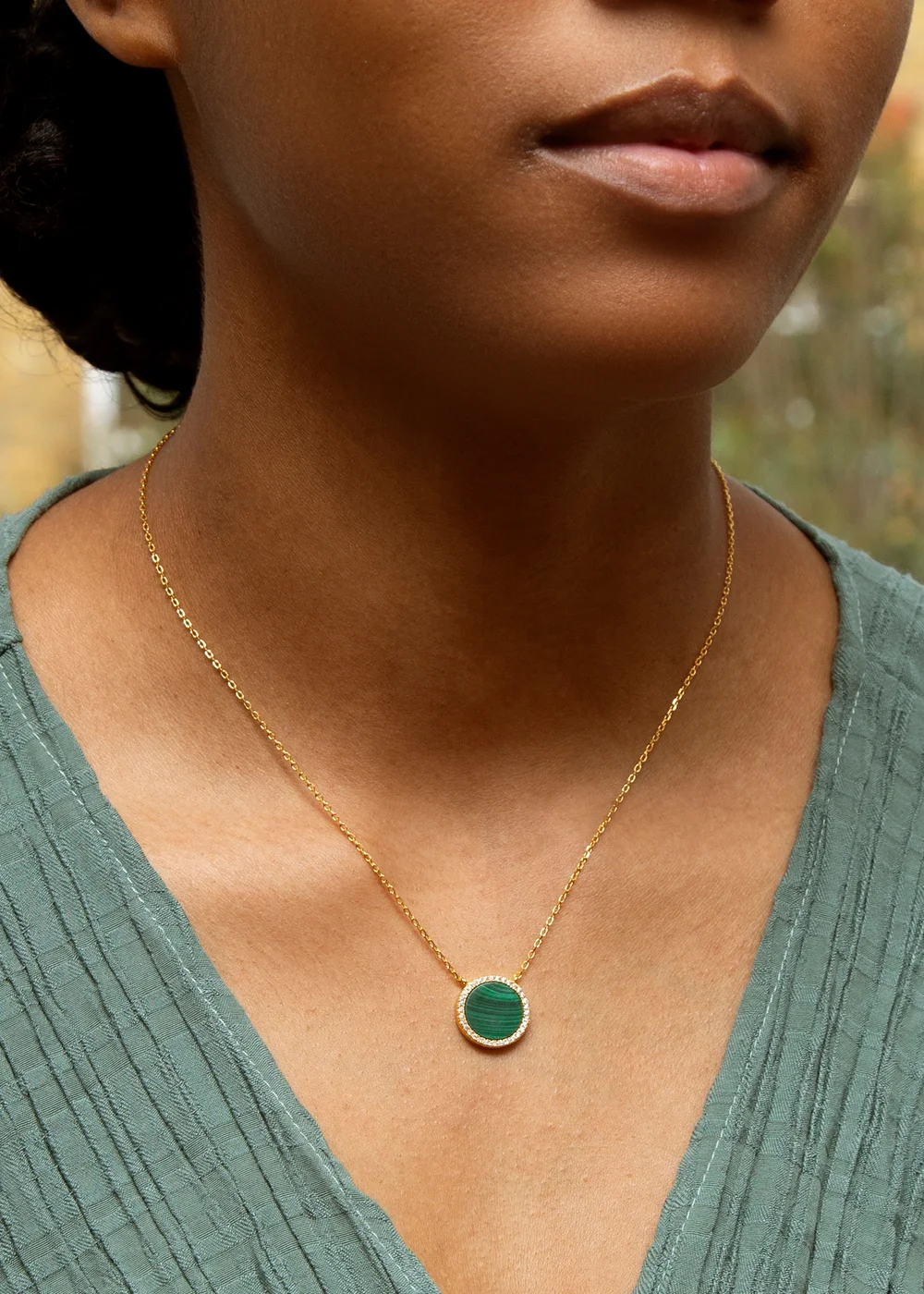 Golden Moments Yellow Gold Plated Round Malachite and CZ Necklace - One Size Image 3