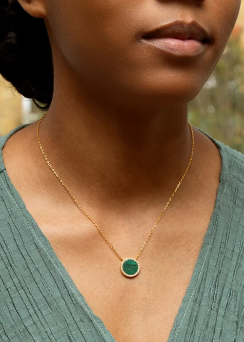 Golden Moments Yellow Gold Plated Round Malachite and CZ Necklace - One Size Image 3