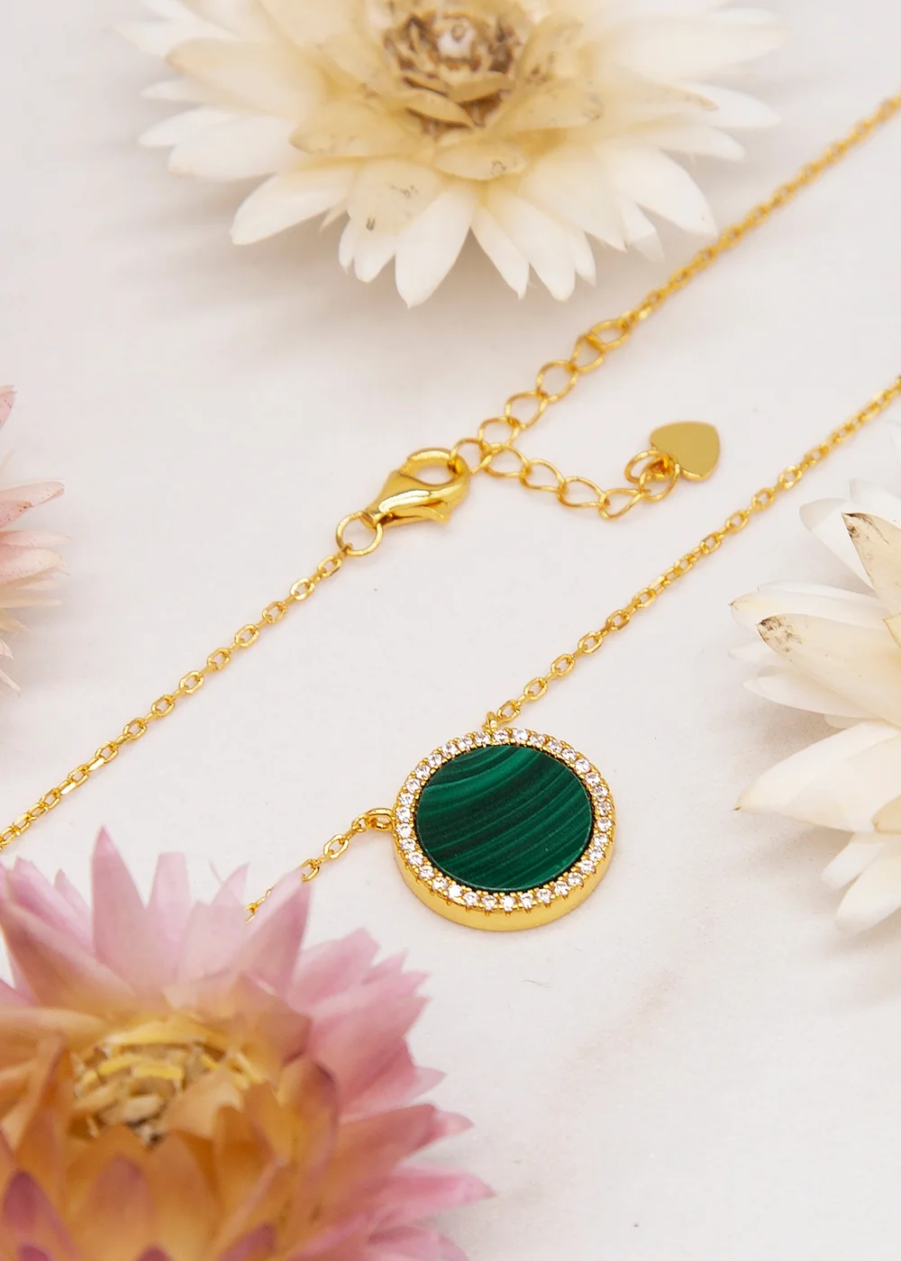 Golden Moments Yellow Gold Plated Round Malachite and CZ Necklace - One Size Image 2