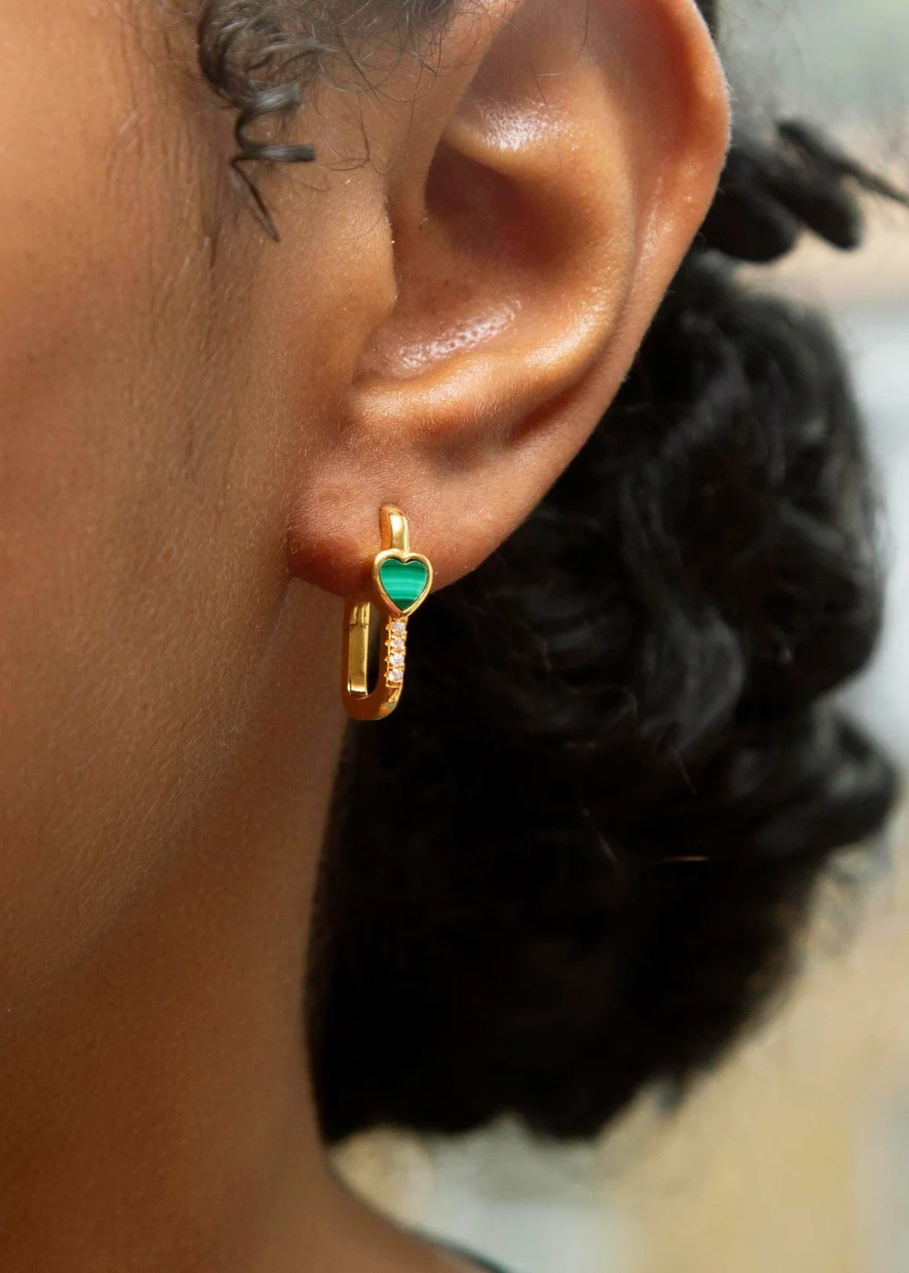 Golden Moments Yellow Gold Plated Heart Malachite CZ Huggy Earrings - One Size Image 3