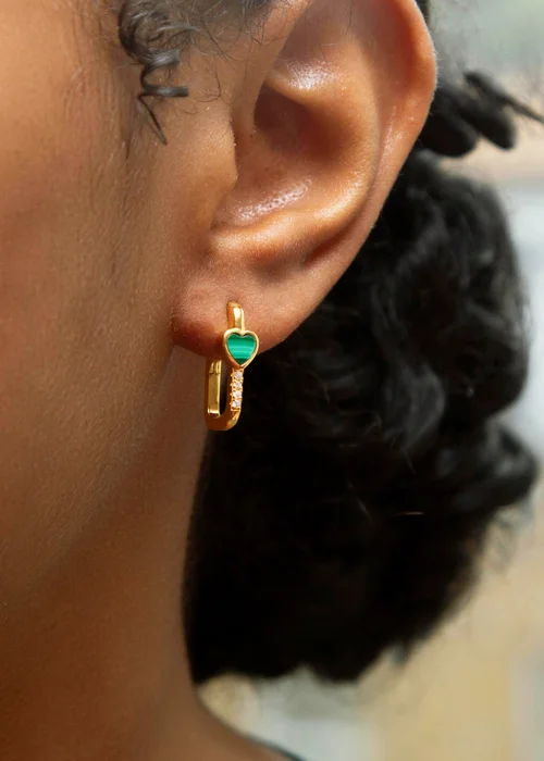 Golden Moments Yellow Gold Plated Heart Malachite CZ Huggy Earrings - One Size Image 3