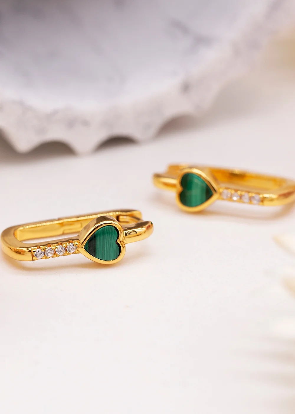 Golden Moments Yellow Gold Plated Heart Malachite CZ Huggy Earrings - One Size Image 2