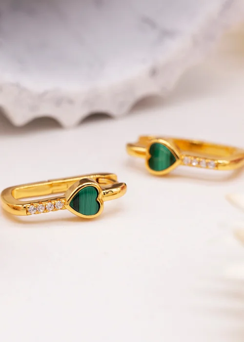 Golden Moments Yellow Gold Plated Heart Malachite CZ Huggy Earrings - One Size Image 2