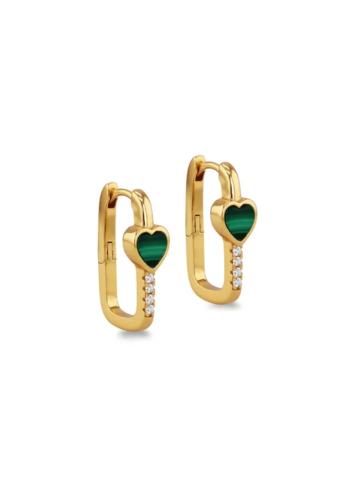 Golden Moments Yellow Gold Plated Heart Malachite CZ Huggy Earrings - One Size Image 1
