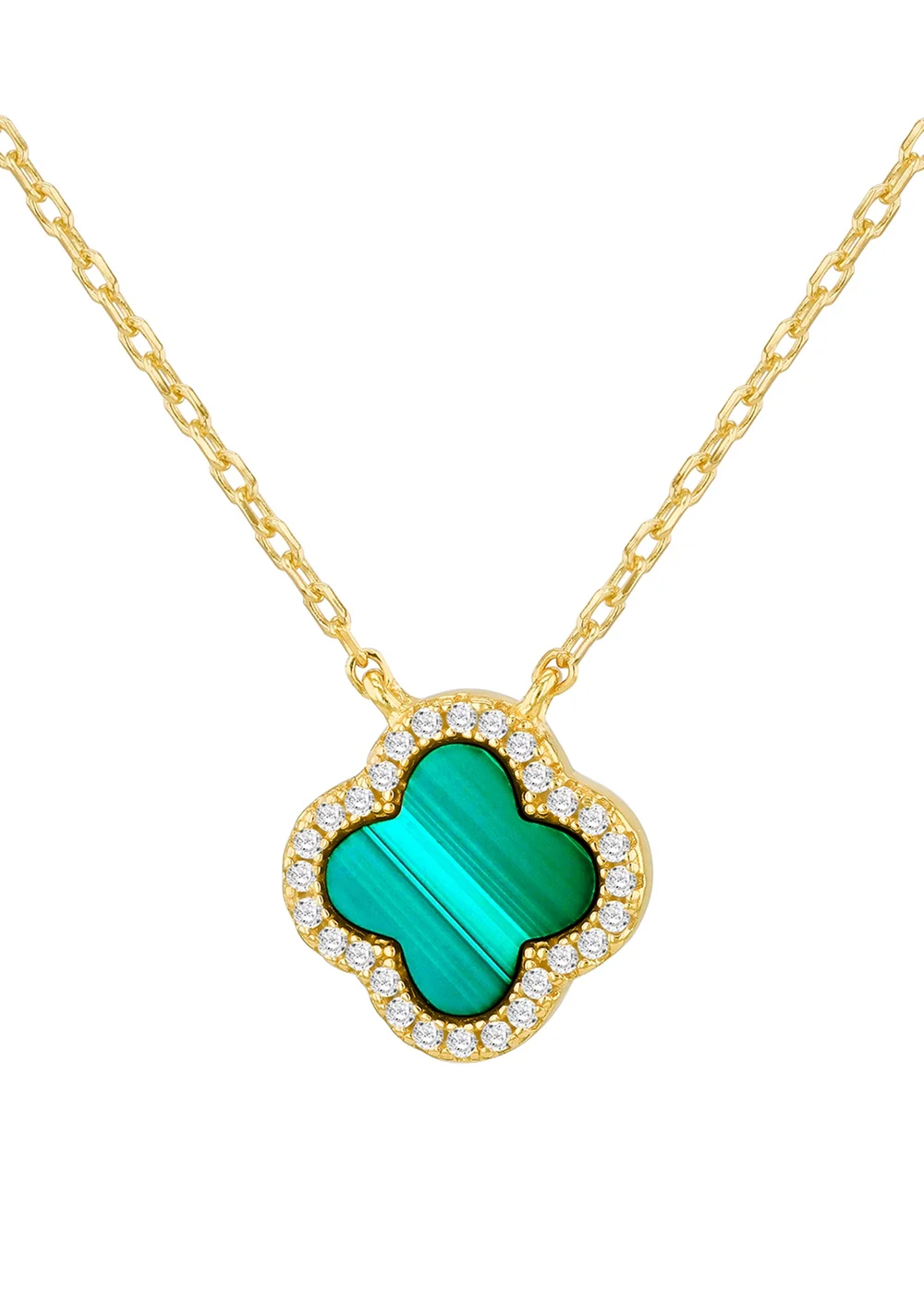 Golden Moments Yellow Gold Plated Clover Malachite CZ Necklace - One Size Image 1