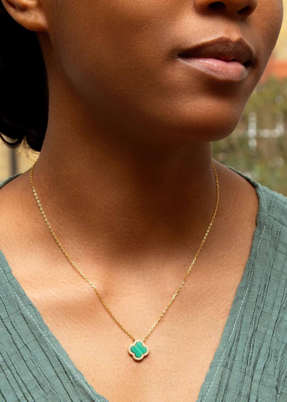 Golden Moments Yellow Gold Plated Clover Malachite CZ Necklace - One Size Image 3