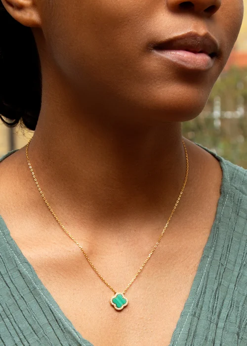 Golden Moments Yellow Gold Plated Clover Malachite CZ Necklace - One Size Image 3