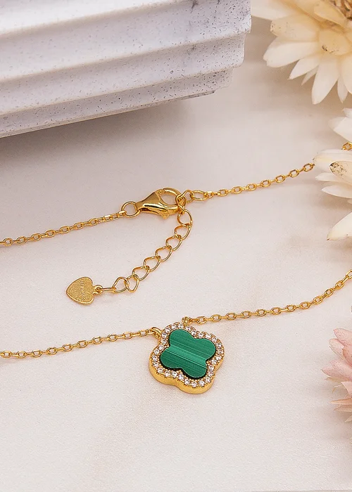 Golden Moments Yellow Gold Plated Clover Malachite CZ Necklace - One Size Image 2