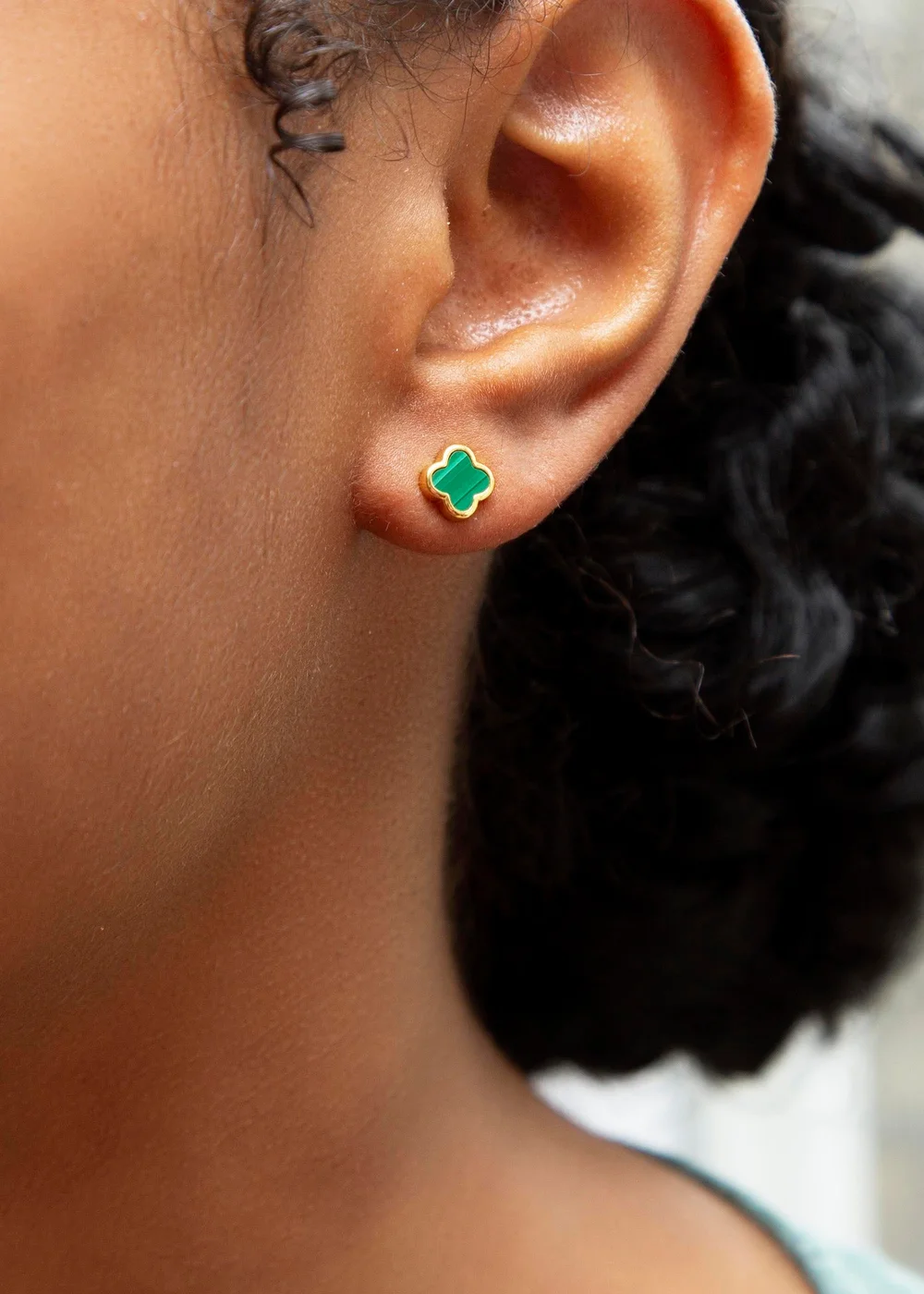 Golden Moments Yellow Gold Plated Clover Malachite Stud Earrings - One Size Image 3