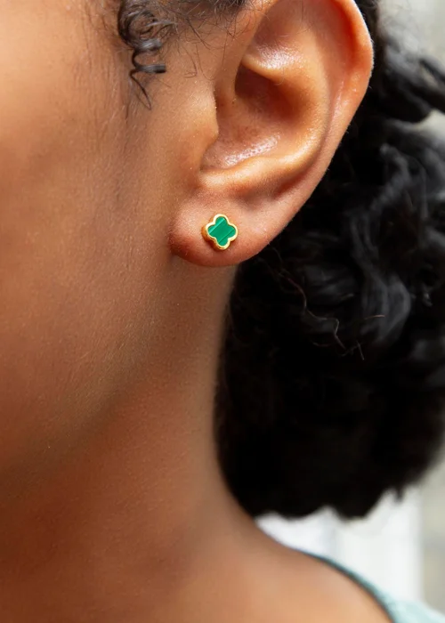 Golden Moments Yellow Gold Plated Clover Malachite Stud Earrings - One Size Image 3