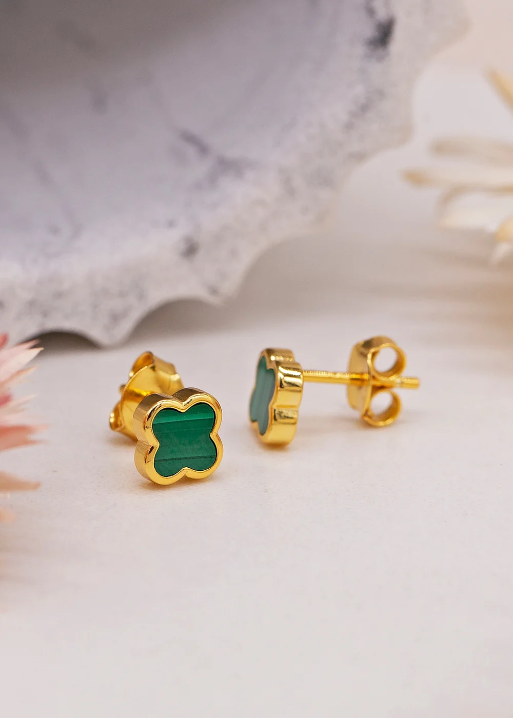 Golden Moments Yellow Gold Plated Clover Malachite Stud Earrings - One Size Image 2