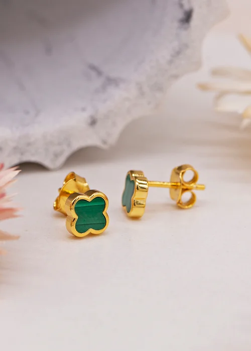 Golden Moments Yellow Gold Plated Clover Malachite Stud Earrings - One Size Image 2