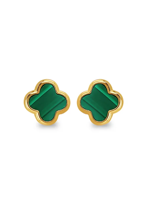 Golden Moments Yellow Gold Plated Clover Malachite Stud Earrings - One Size Image 1