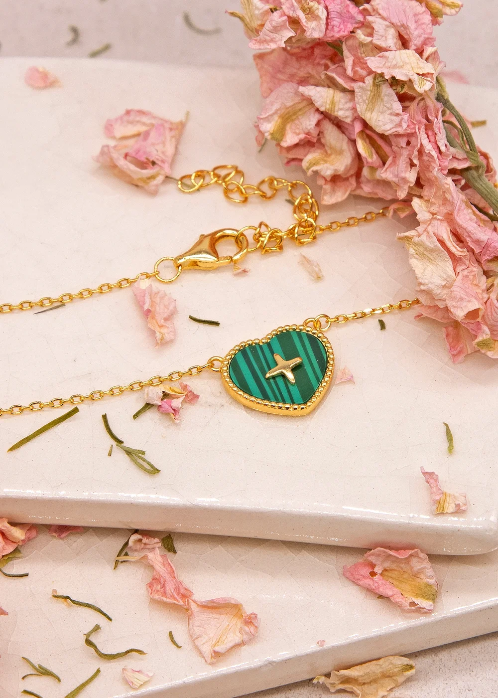 Golden Moments Gold Plated Heart Malachite with Cross Detail Necklace - One Size Image 2