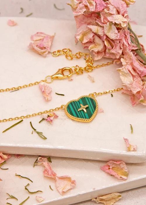 Golden Moments Gold Plated Heart Malachite with Cross Detail Necklace - One Size Image 2