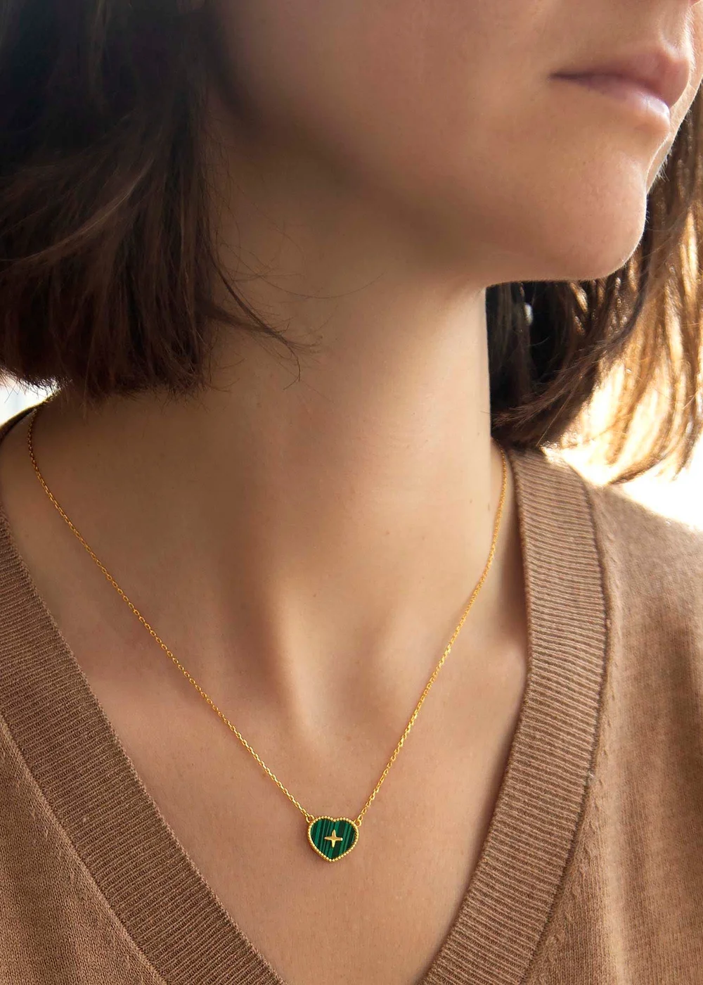 Golden Moments Gold Plated Heart Malachite with Cross Detail Necklace - One Size Image 3