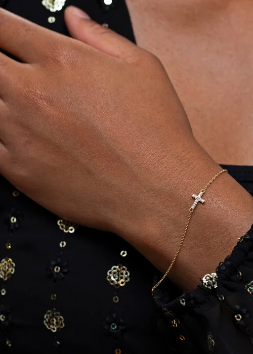 Golden Moments 9ct Yellow Gold Mini Cross Round CZ Bracelet - One Size Image 3