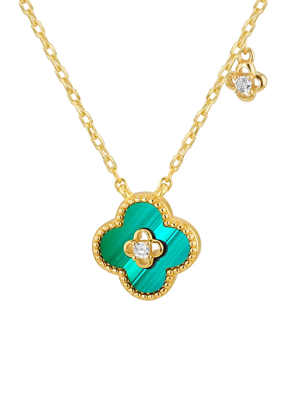 Golden Moments Gold Plated Clover Malachite CZ Accent Necklace - One Size Image 1