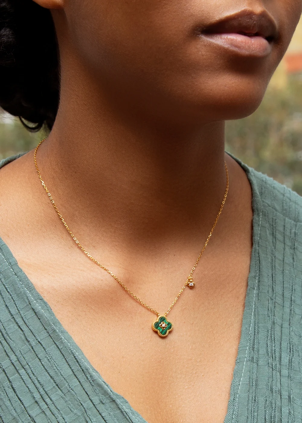 Golden Moments Gold Plated Clover Malachite CZ Accent Necklace - One Size Image 3