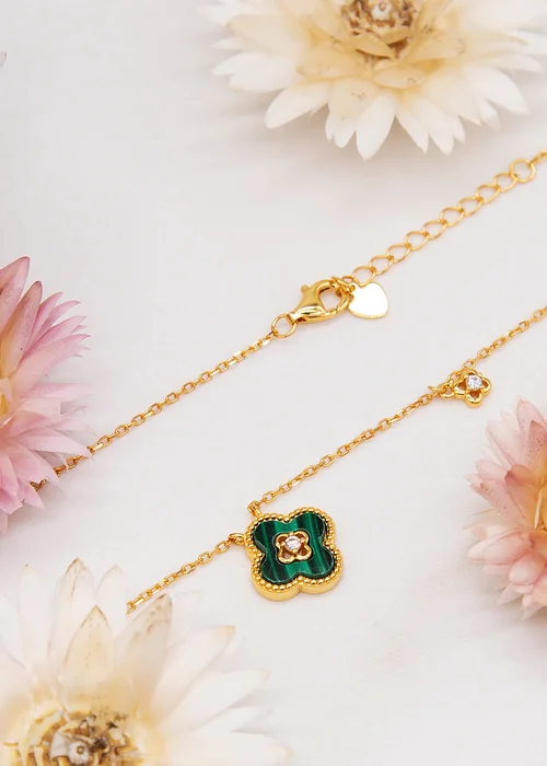 Golden Moments Gold Plated Clover Malachite CZ Accent Necklace - One Size Image 2