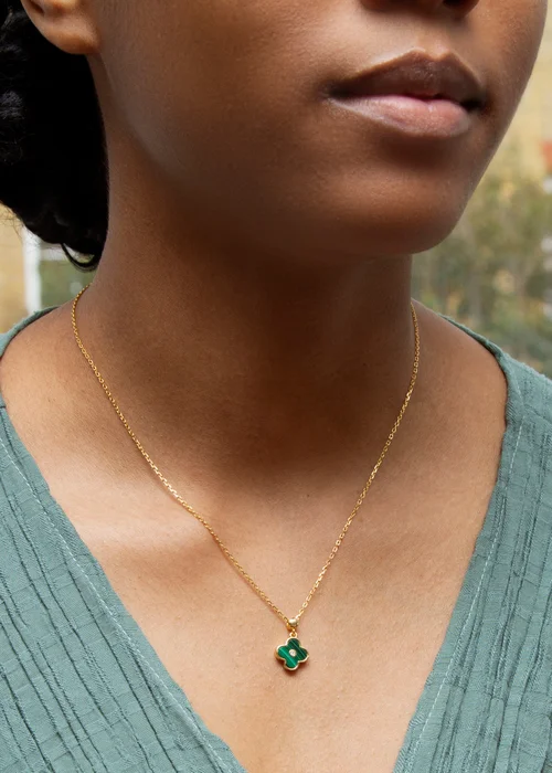 Golden Moments Yellow Gold Plated Clover Malachite and CZ Necklace - One Size Image 3