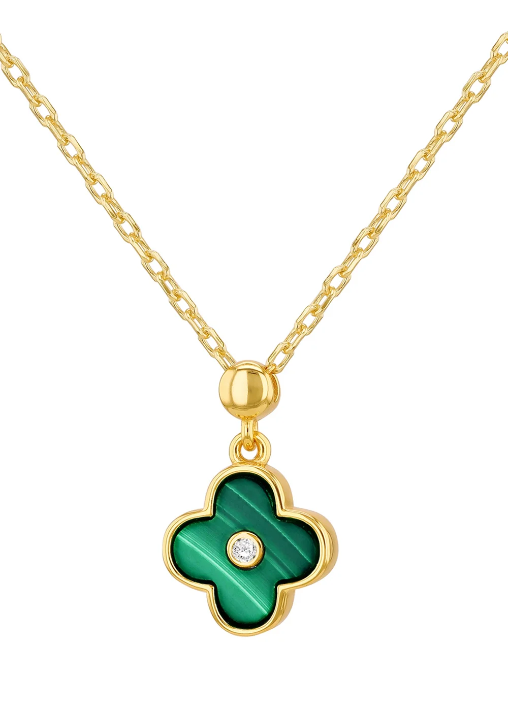 Golden Moments Yellow Gold Plated Clover Malachite and CZ Necklace - One Size Image 1