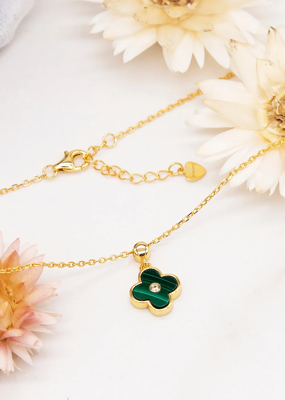 Golden Moments Yellow Gold Plated Clover Malachite and CZ Necklace - One Size Image 2