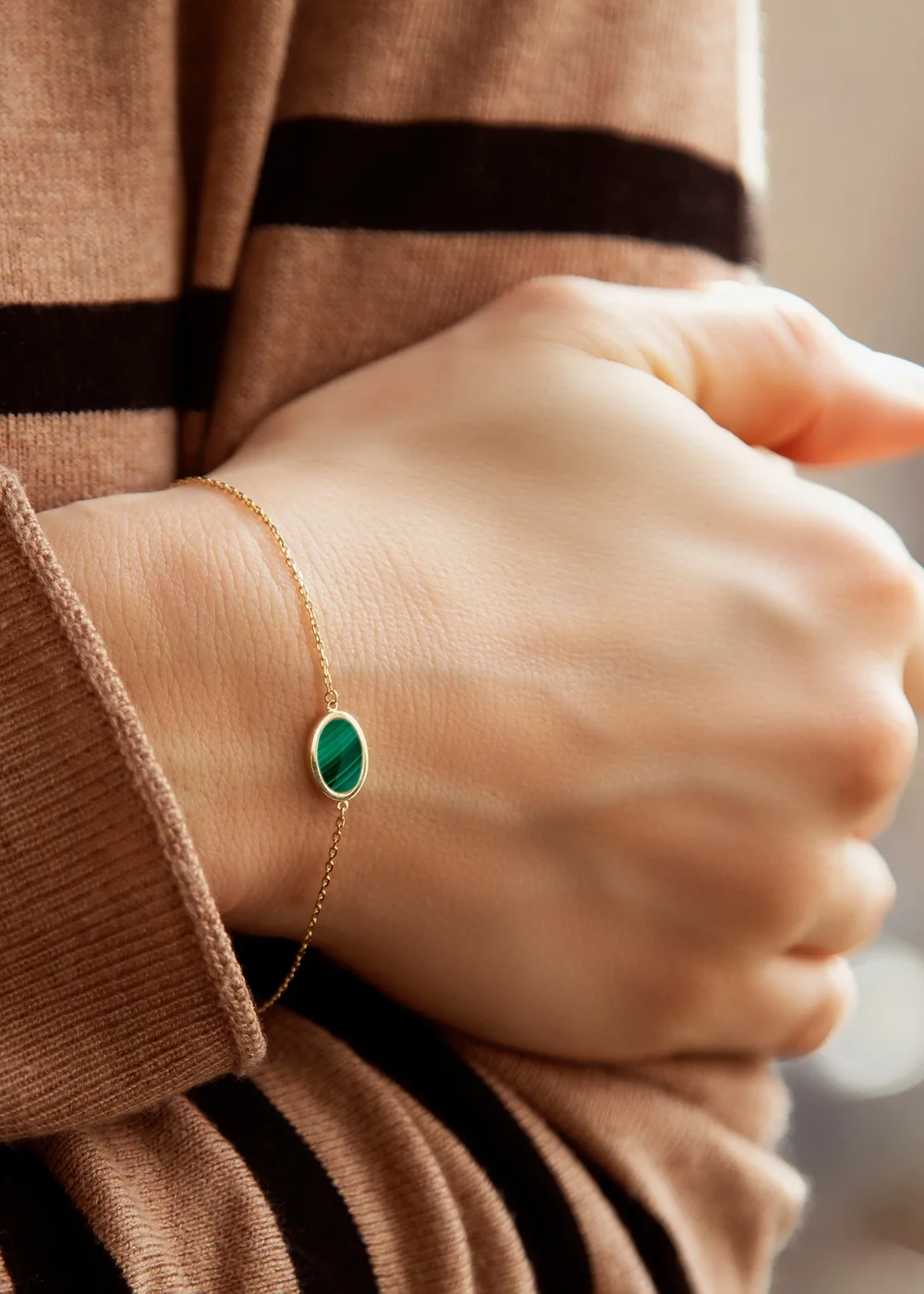 Golden Moments 9ct Yellow Gold Oval Malachite Bracelet - One Size Image 3