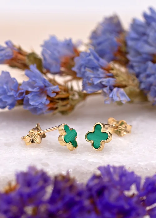 Golden Moments 9ct Yellow Gold Malachite Petal Studs - One Size Image 2