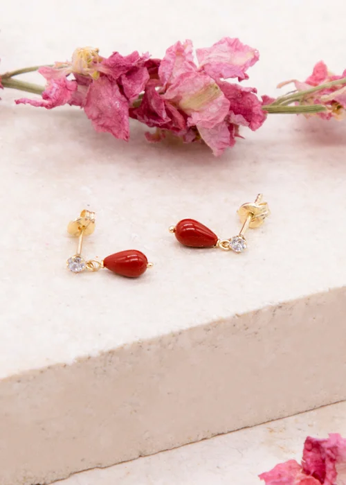 Golden Moments 9ct Yellow Gold Red Stone CZ Drop Earrings - One Size Image 2