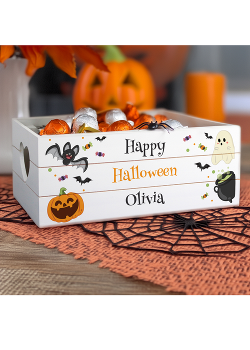 Personalised Memento Company White Wood Halloween Small Wooden Treats Crate - One Size Image 5