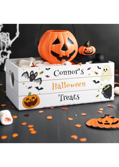Personalised Memento Company White Wood Halloween Small Wooden Treats Crate - One Size Image 3