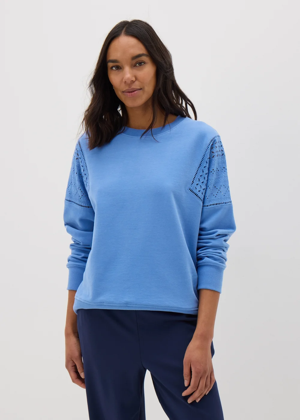 Blue Broderie Anglaise Detail Sweatshirt - XS Image 1