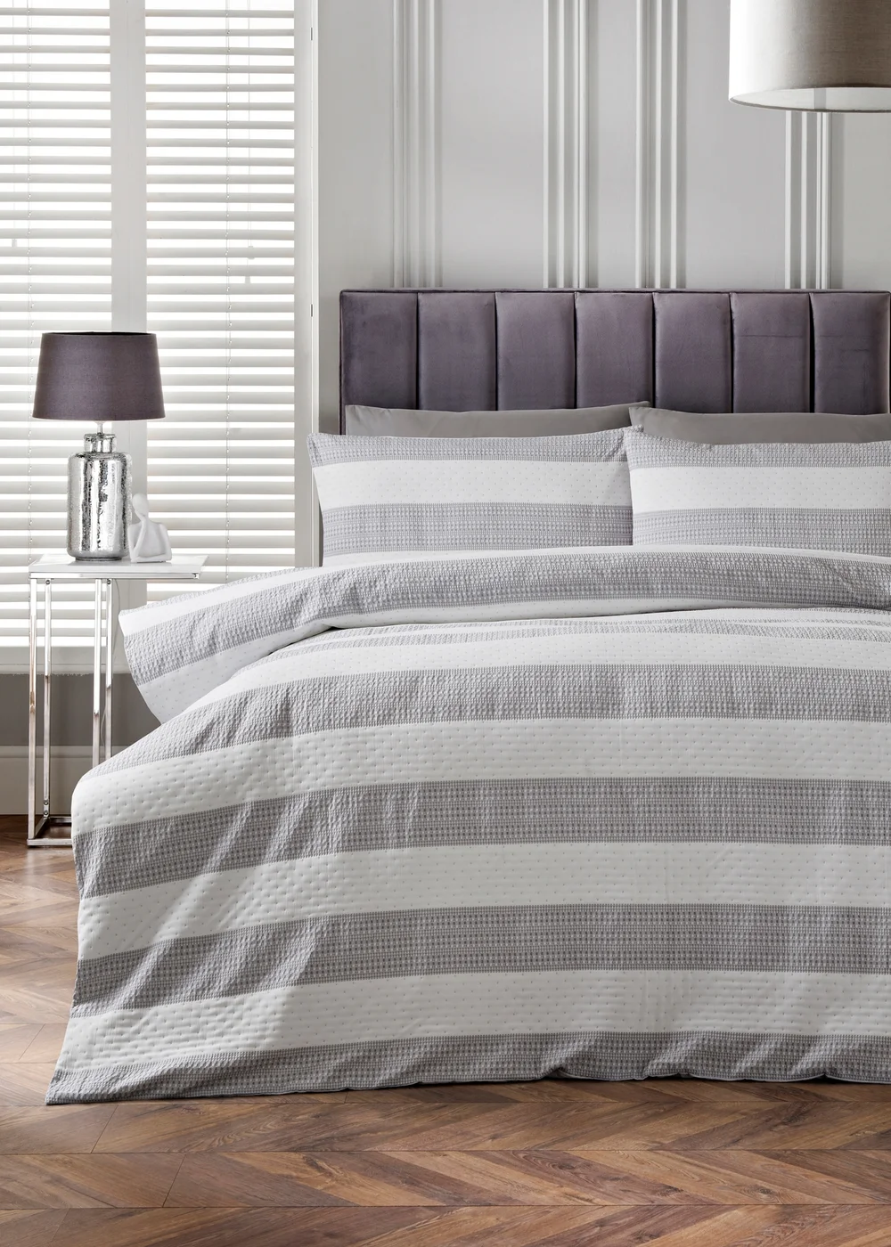 Grey & White Stripe Waffle Duvet Set - Double Image 1
