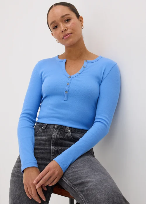 Blue Henley Collar Long Sleeve Top - 8 Image 1